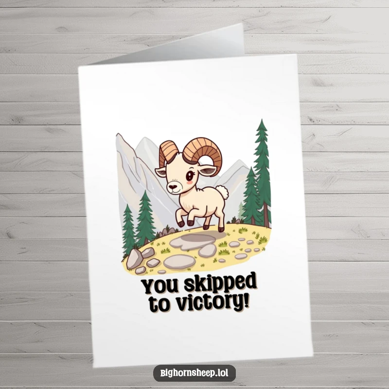 Funny Free Printable Bighorn Sheep Congratulations Card: A sheep playfully skipping along a mountain path, embodying journey and success.
