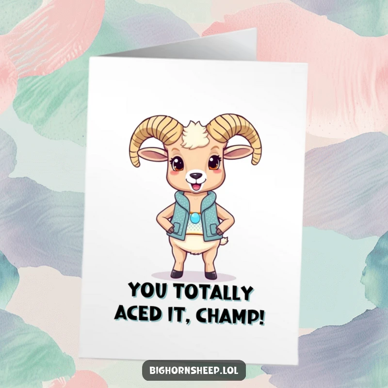 Funny Free Printable Congratulations Card showcasing a delighted bighorn sheep in a sparkly vest, proudly celebrating.