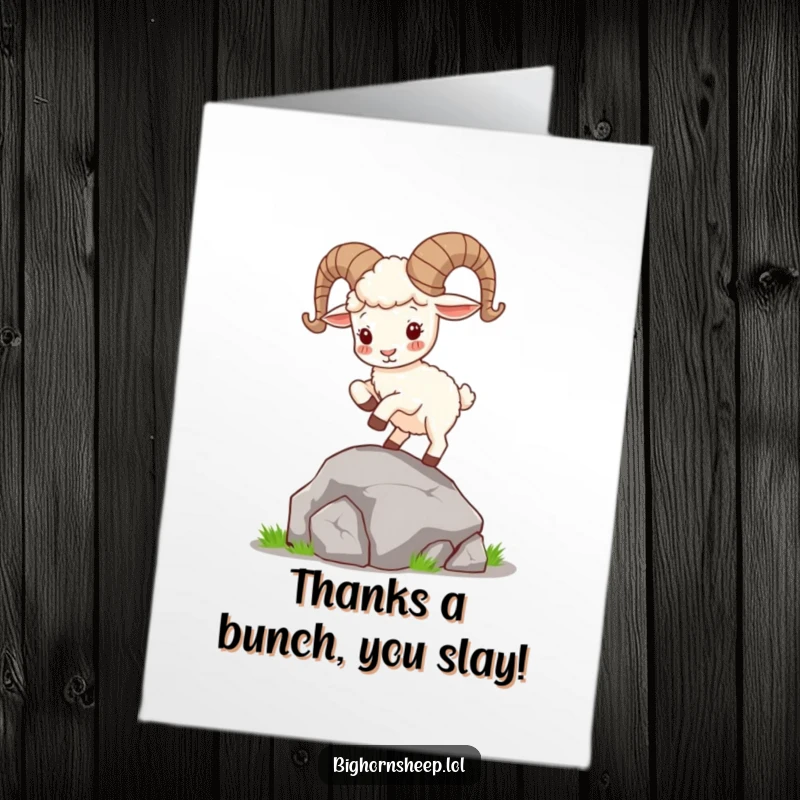 Funny Free Printable Thank You Card: A bighorn sheep with curly horns hops on a rock, symbolizing energetic appreciation and gratitude.