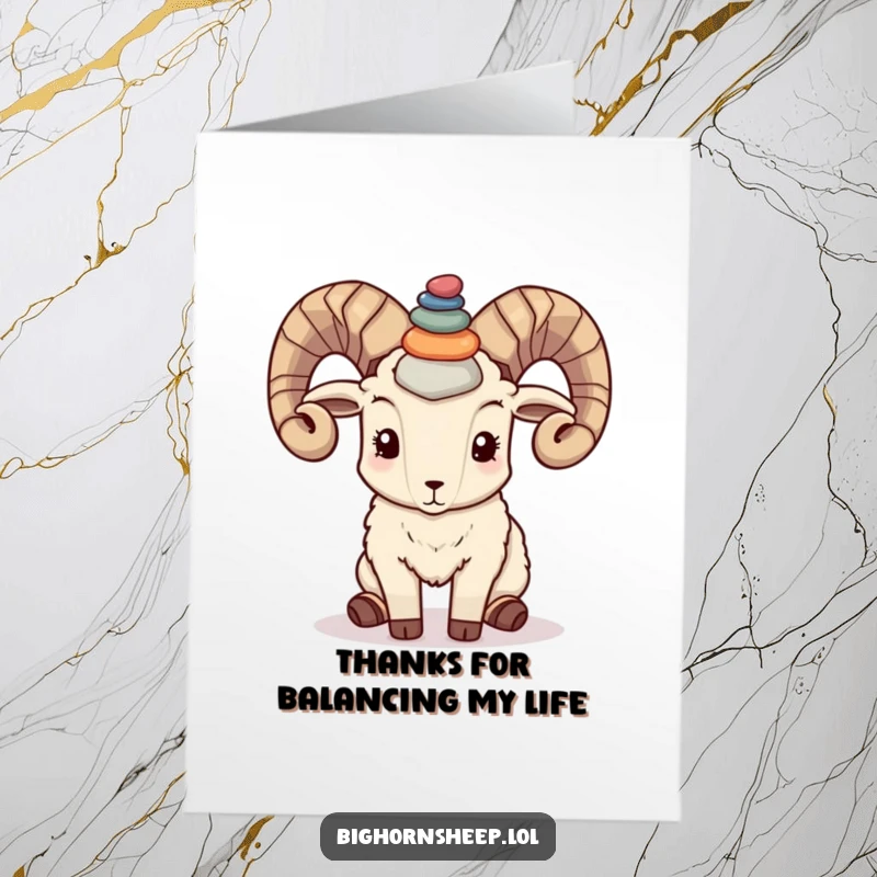 Funny Free Printable Thank You Card: Bighorn sheep balances pebbles on its horns, offering thanks with a quirky, stable charm.