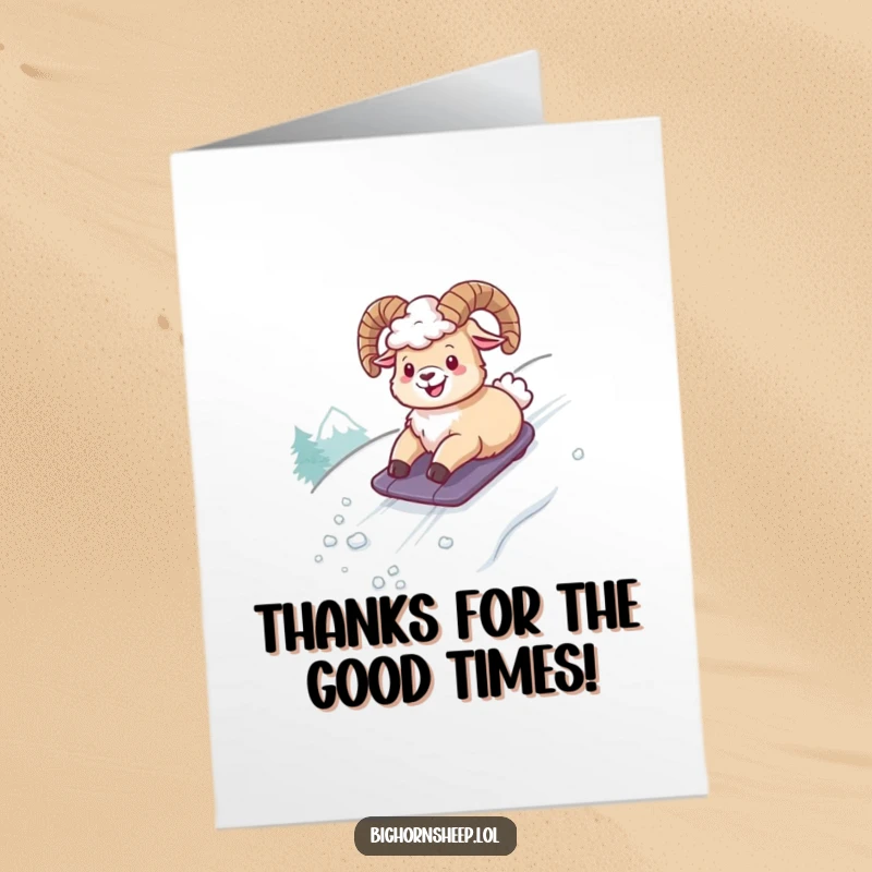 Funny Free Printable Thank You Card: Giggling bighorn sheep enjoying a thrilling slide down a snowy hill, expressing gratitude.