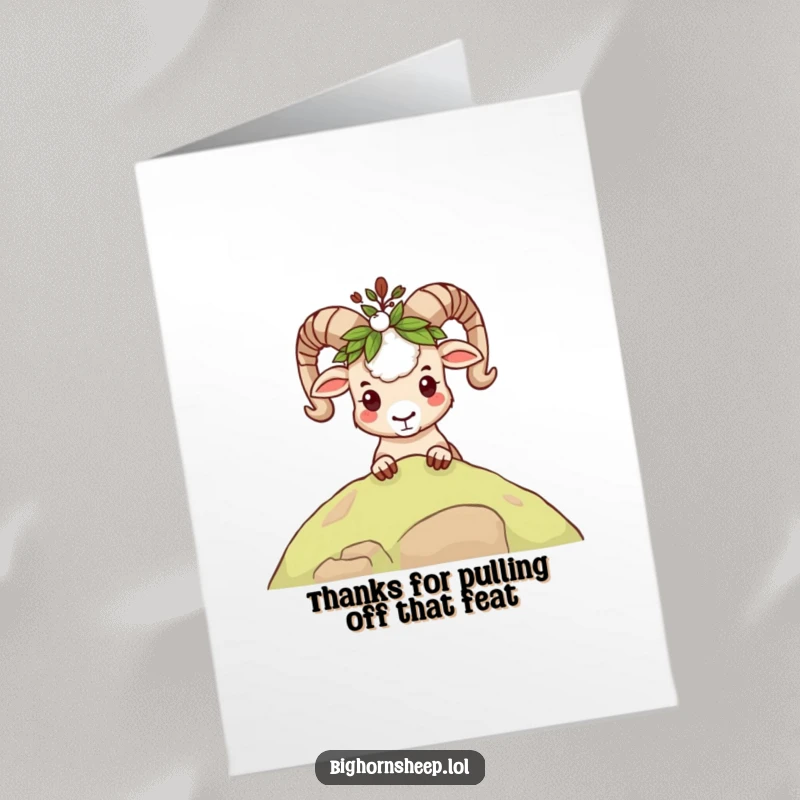 Funny Free Printable Thank You Card featuring a mischievous bighorn sheep in a leafy crown, peeking with a thankful grin.
