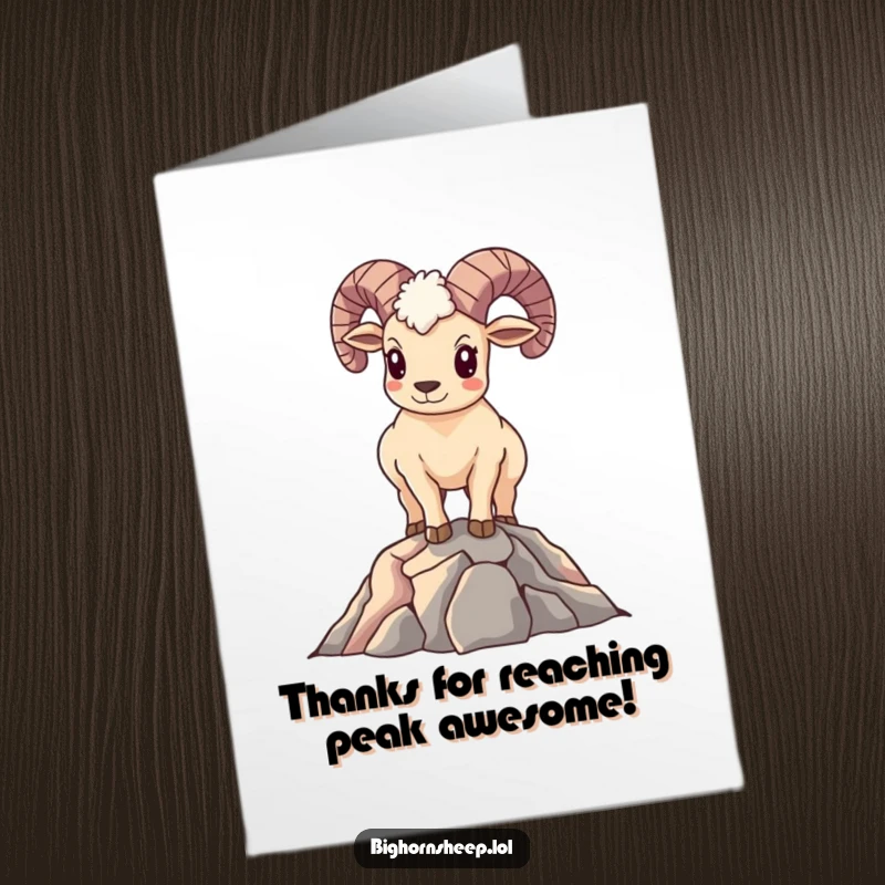 Funny Free Printable Thank You Card: Happy bighorn sheep standing proudly on a mountain top, a majestic way to say thanks.