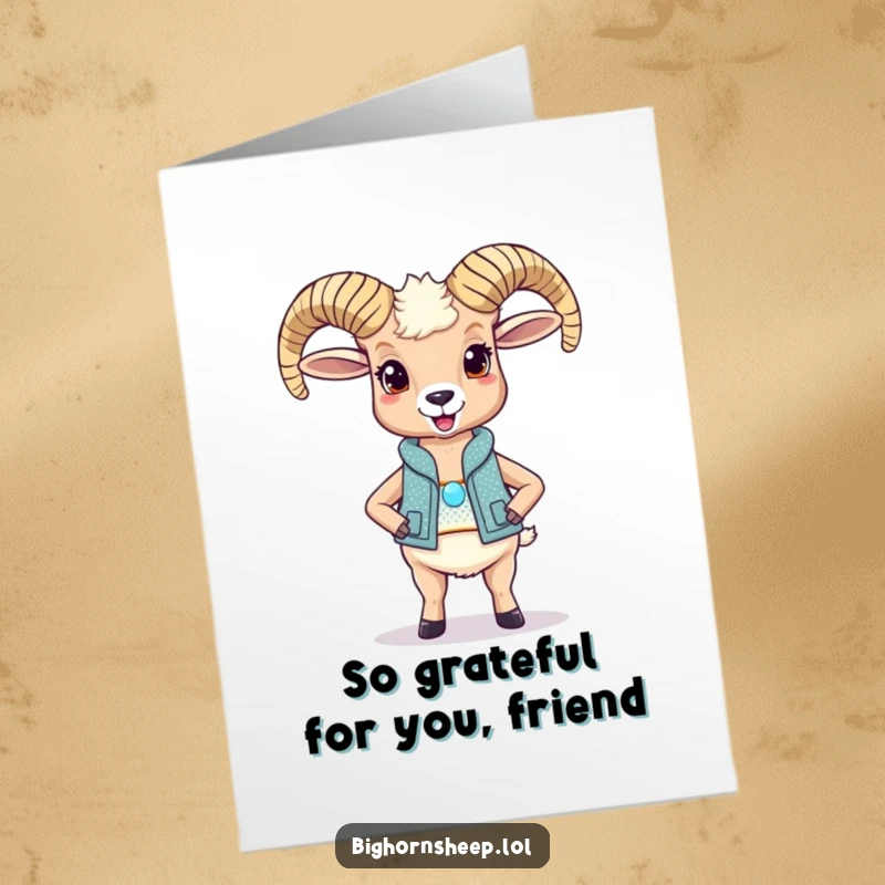Funny Free Printable Thank You Card with a delighted bighorn sheep in a sparkly vest, offering thanks with flair.