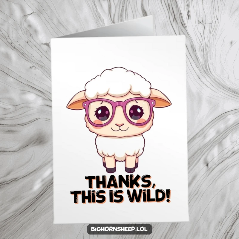 Funny Free Printable Thank You Card: Bighorn sheep with large, sparkly glasses looking endearingly confused.