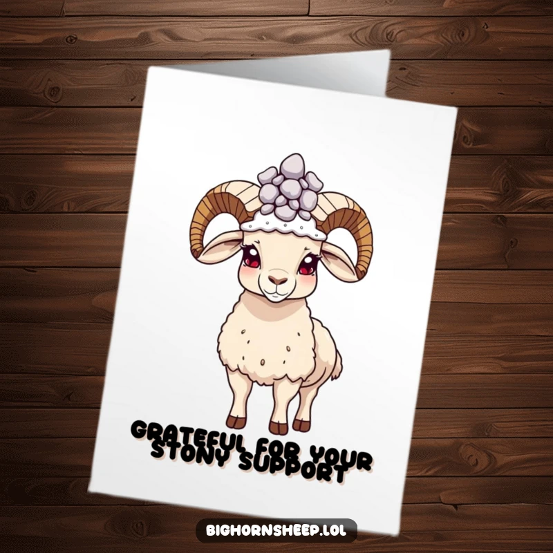 Funny Free Printable Thank You Card featuring a proud bighorn sheep with a pebble crown, standing tall and thankful.
