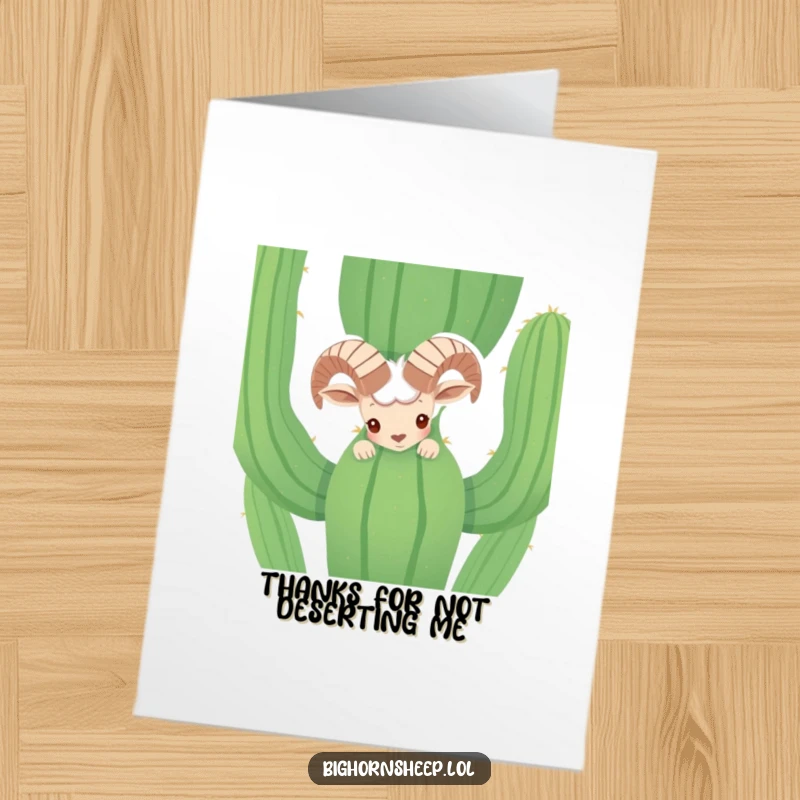 Funny Free Printable Thank You Card: Shy Bighorn Sheep peeking from a cactus, a bashful way to say thanks.