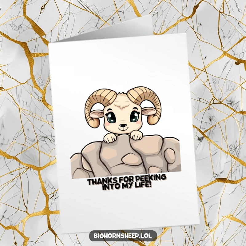 Funny Free Printable Curious Bighorn Sheep Thank You Card: A sheep with big, expressive eyes, curiously observing from its rocky perch.