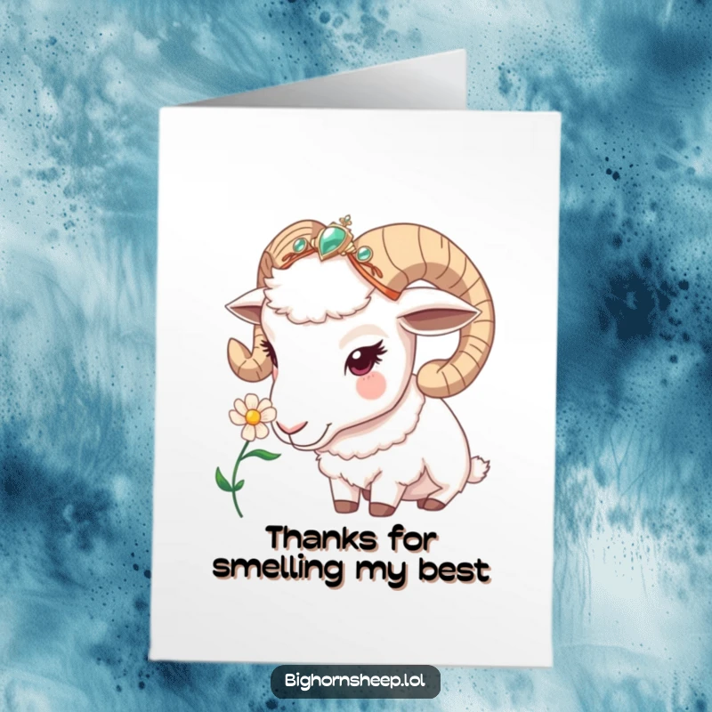 Funny Free Printable Thank You Card: Bighorn sheep with jeweled headband sniffing a flower, showing thanks.