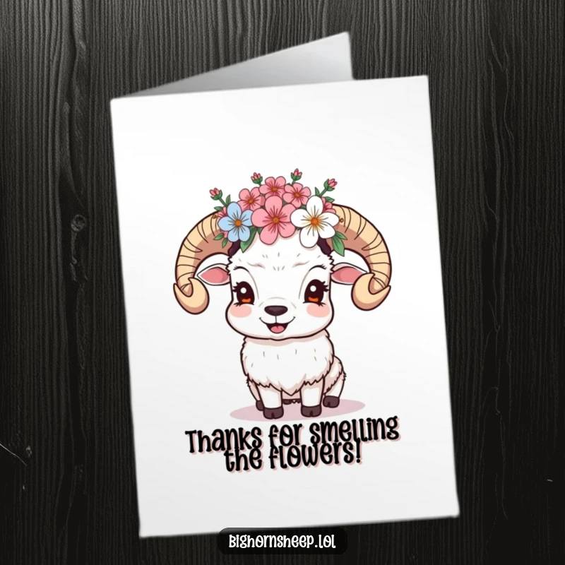 Funny Free Printable Thank You Card: A giggling bighorn sheep wears a crown crafted from alpine blossoms, expressing heartfelt thanks joyfully.