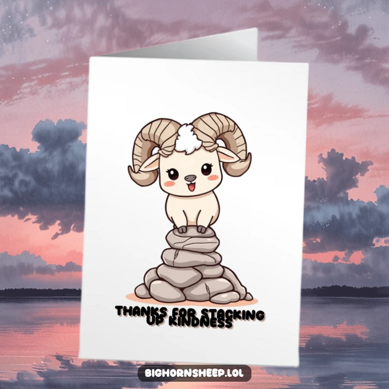Funny free printable thank you card features a happy bighorn sheep stacking rocks perfectly, expressing gratitude for stability.