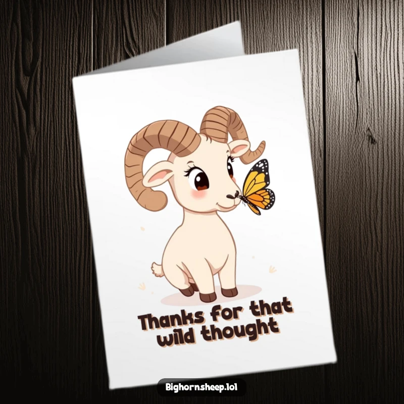 Funny free printable thank you card: A bighorn sheep looks inquisitively at a butterfly, conveying a unique sense of gratitude.