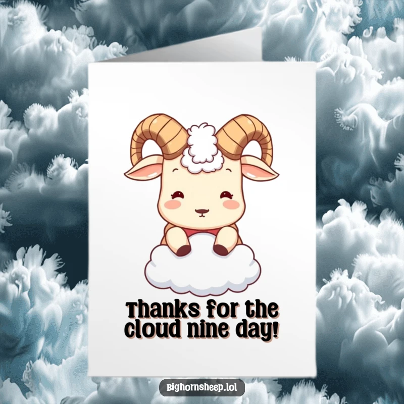 Funny Free Printable Thank You Card: Cute bighorn sheep with tiny horns booping a soft cloud, a whimsical way to say thanks.