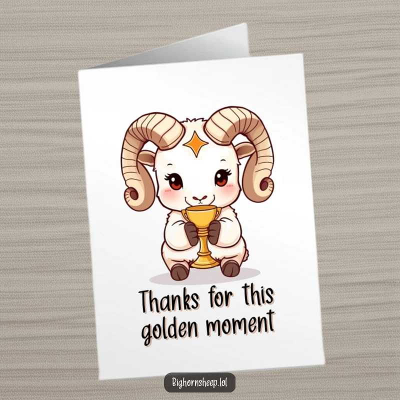 Funny Free Printable Thank You Card: Bighorn sheep presenting a tiny shiny golden chalice as a symbol of immense gratitude, a unique thank you.
