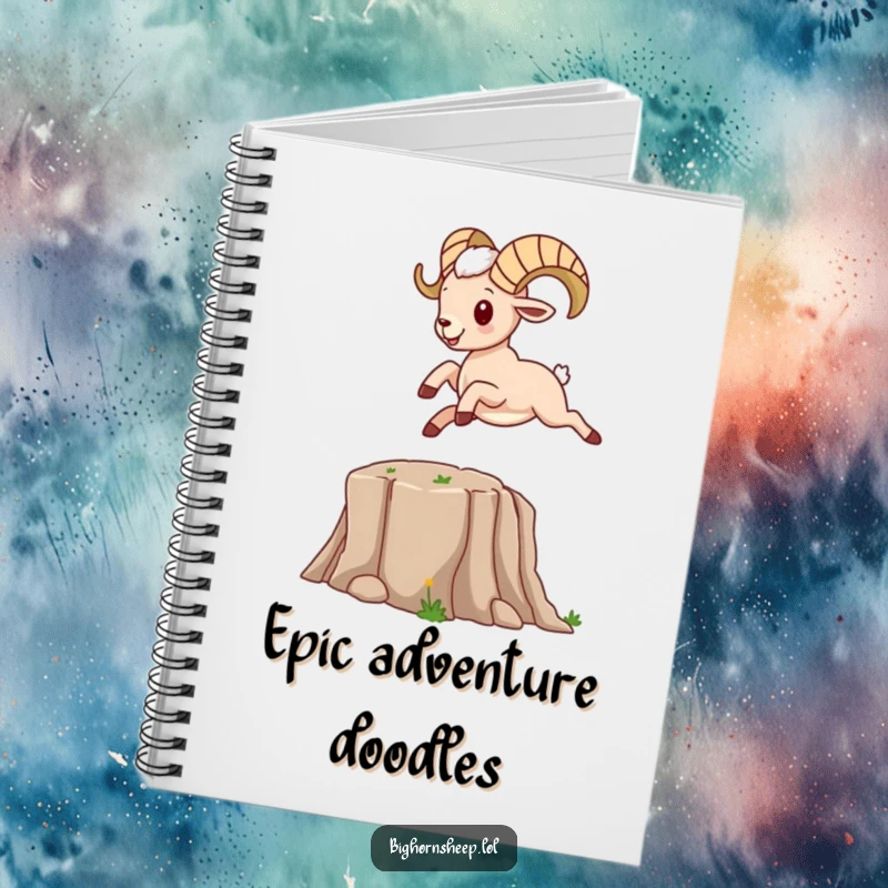 Funny bighorn sheep character leaping over a cartoon canyon, on the cover of a notebook.