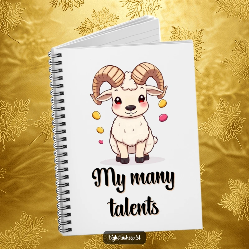 Funny bighorn sheep juggling pebbles on its horns, a humorous notebook cover for jotting down ideas.