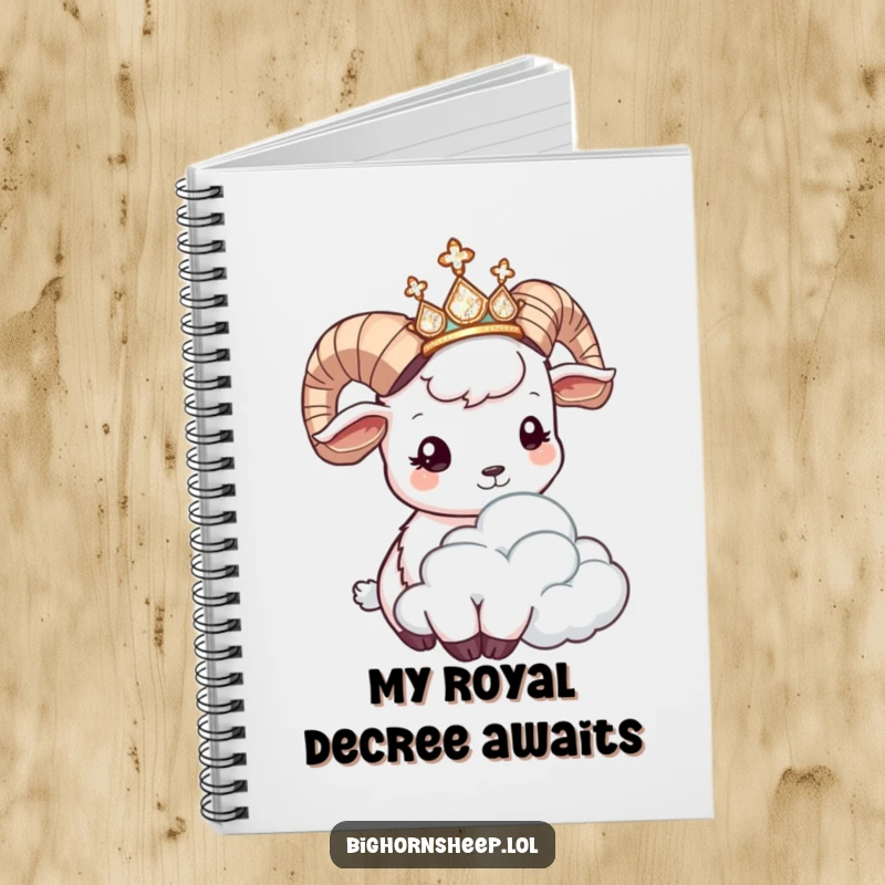 Funny bighorn sheep notebook, a sheep in a tiara, humorously headbutting a cloud, for jotting down funny ideas and royal plans.
