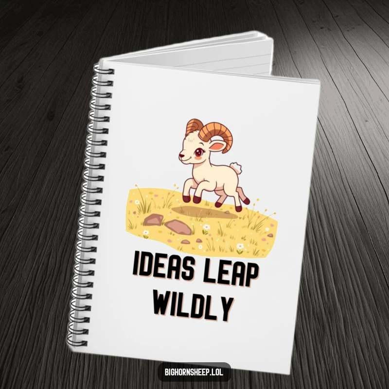 Funny bighorn sheep cub notebook, bounding energetically across a sunny meadow, ideal for capturing energetic ideas and plans.