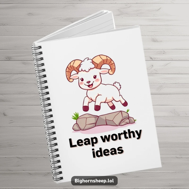 Funny notebook featuring a bighorn sheep joyfully leaping over a gap, perfect for jotting down aspirations and bold ideas.