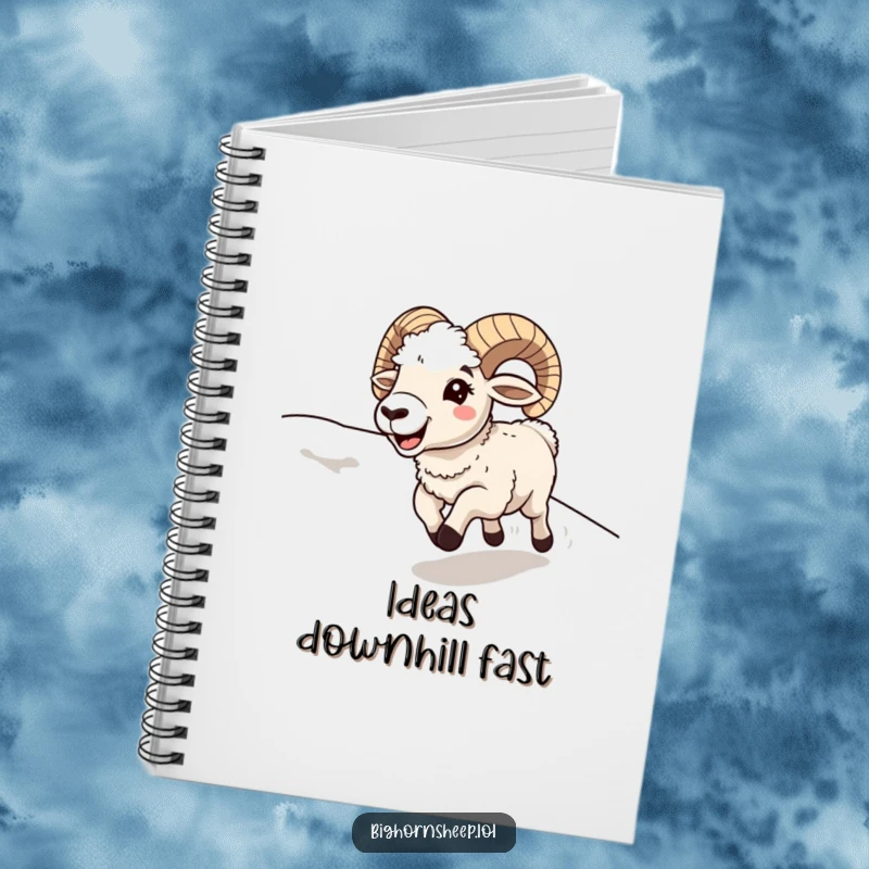 Funny bighorn sheep running downhill with a happy, open mouth, featured on a notebook for joyful ideas.