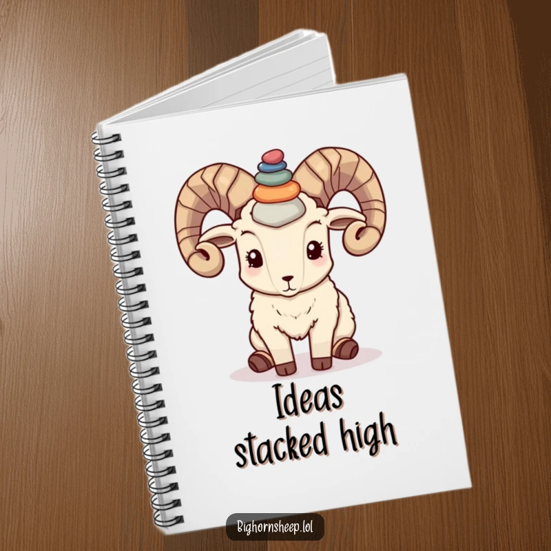 Funny bighorn sheep balancing colorful pebbles on its horns, featured on a notebook for organized minds.