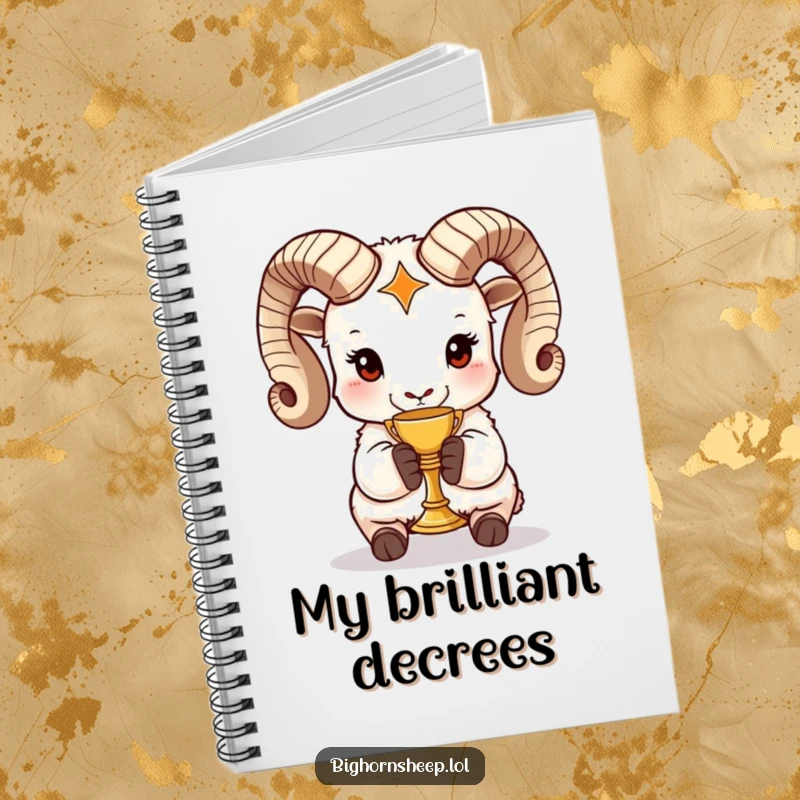 Funny bighorn sheep notebook showcasing a regal sheep holding a miniature golden chalice, perfect for capturing humorous and important notes.