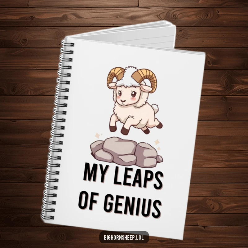 Funny bighorn sheep with a fuzzy cape, leaping over a gap, on the cover of a notebook for creative people.