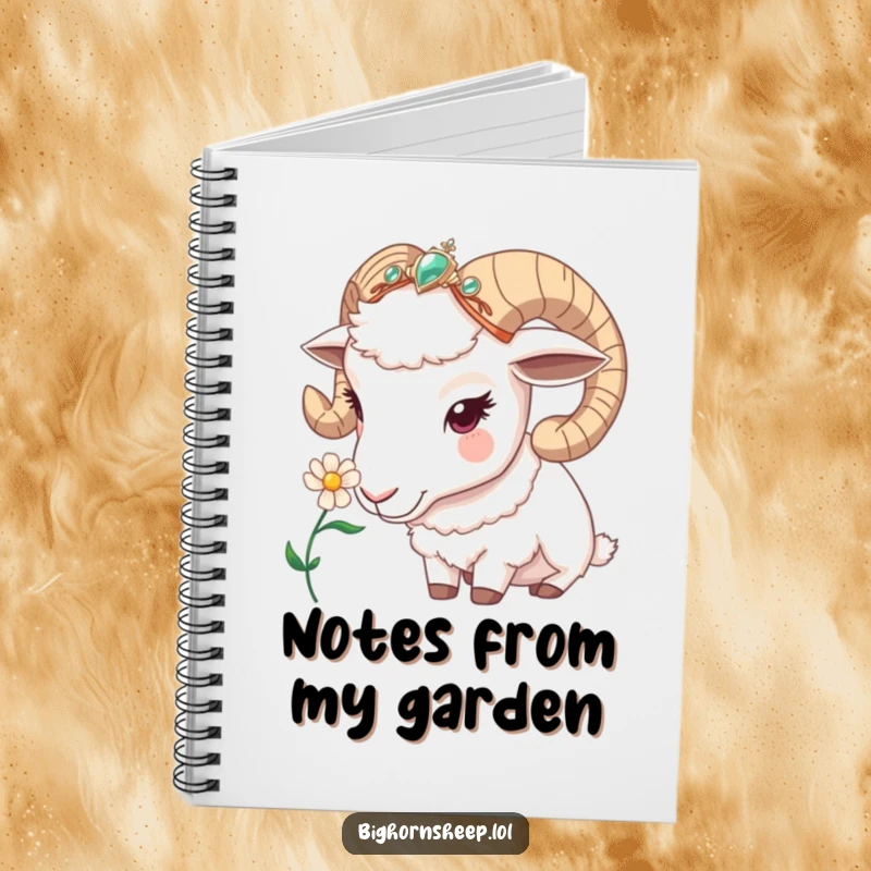 Funny bighorn sheep notebook, a sheep with a jeweled headband curiously sniffing a flower, for documenting ideas and nature's beauty.