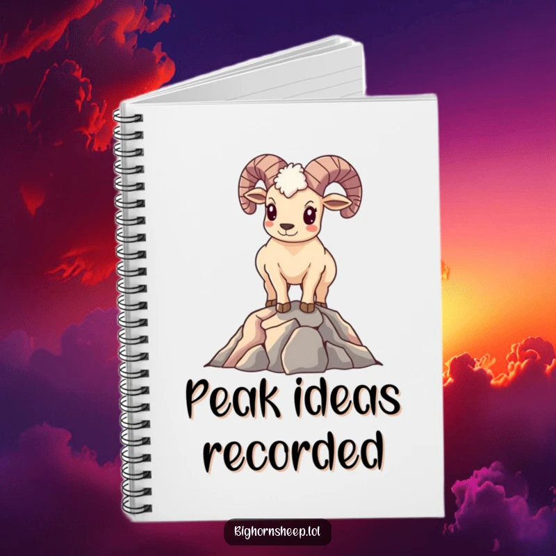 Funny Bighorn Sheep Notebook: Smiling sheep standing proudly on a mountain peak, ideal for jotting down triumphant ideas and plans.