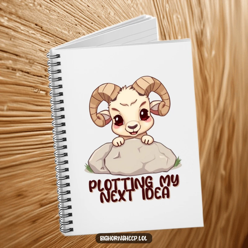 Funny bighorn sheep with a mischievous grin peeking from behind a large boulder on a notebook cover, encouraging playful writing.
