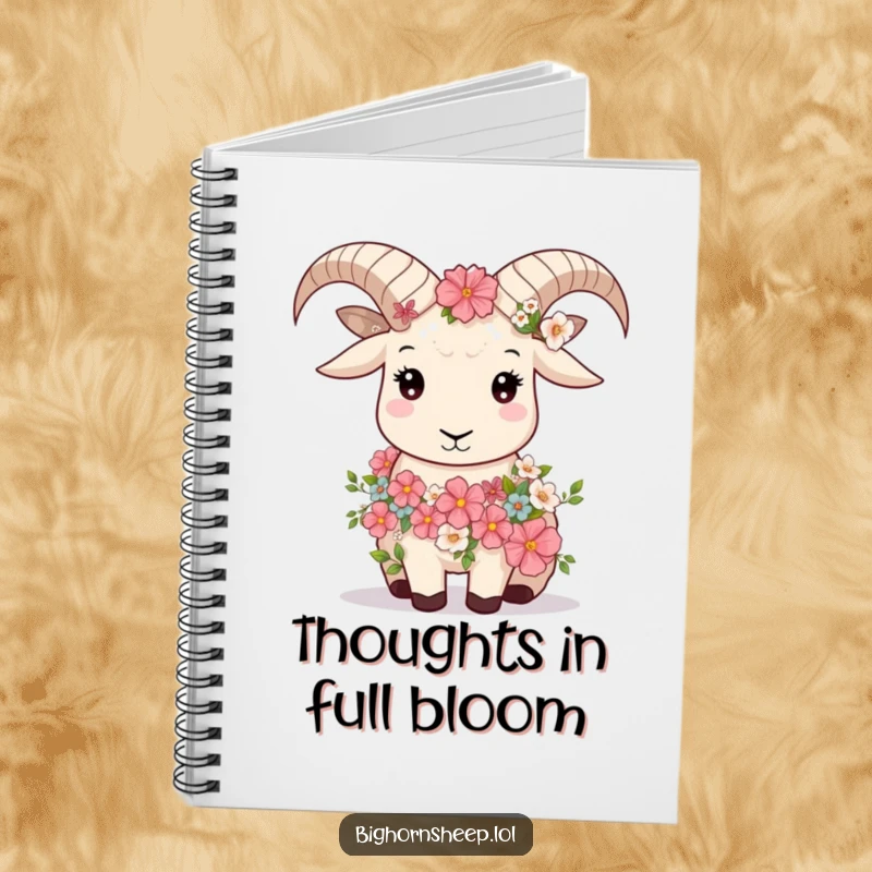 Funny bighorn sheep wearing a flower garland, looking serene, featured on a notebook for peaceful thoughts.