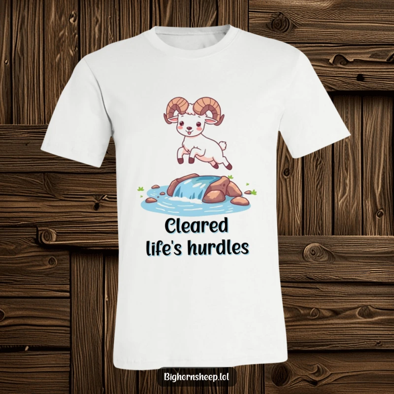 Funny happy bighorn sheep captured mid-leap over a stream on a t-shirt. Energetic and humorous desert creature graphic.