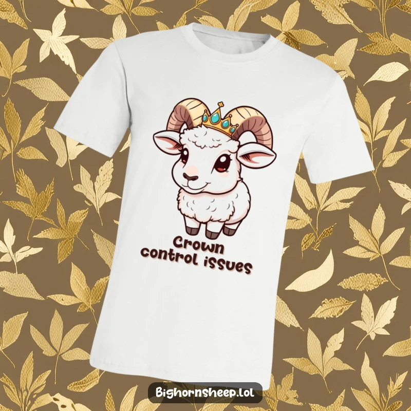 Funny T-Shirt: Bighorn sheep with a tiny jeweled crown comically sliding down its horn.