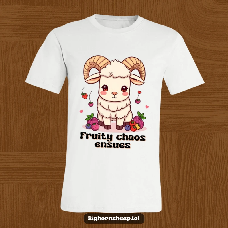Funny bighorn sheep t-shirt depicting a sheep with a mischievous twinkle juggling various berries, showcasing playful energy.