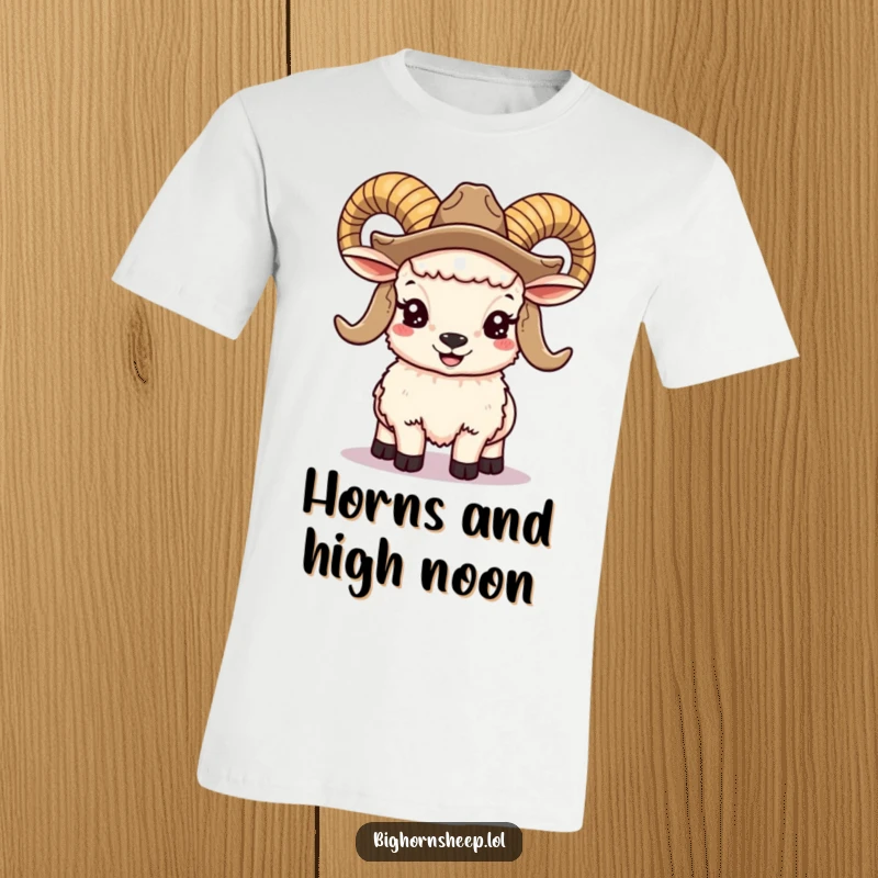 Funny bighorn sheep t-shirt showing a smiling ram with large horns, wearing a cowboy hat, a humorous and adventurous tee.