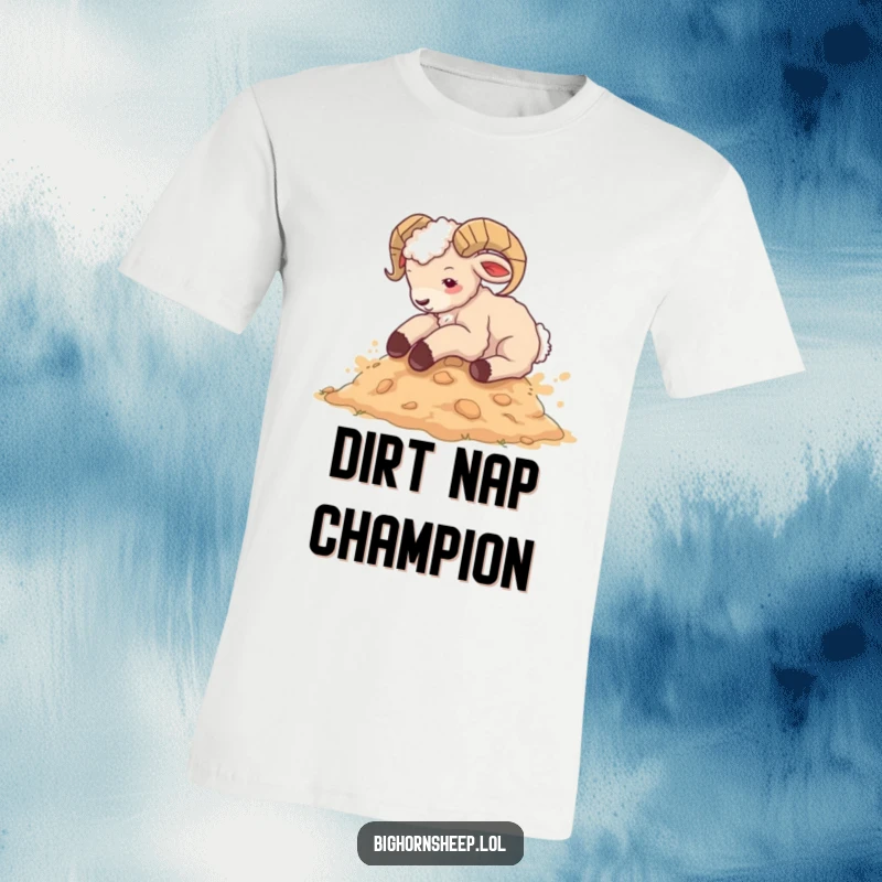 Funny bighorn sheep cub t-shirt, joyfully rolling in dusty earth, depicting a hilarious, carefree moment perfect for animal humor lovers.