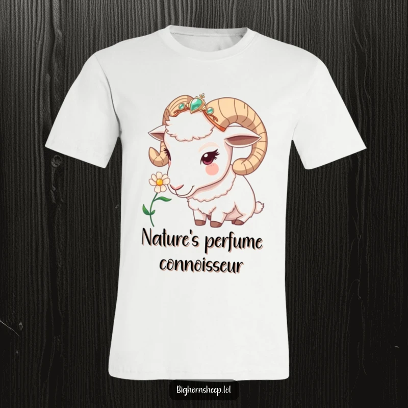 Funny bighorn sheep t-shirt, a sheep in a jeweled headband curiously sniffing a flower, embodying nature's wonder with a humorous touch.