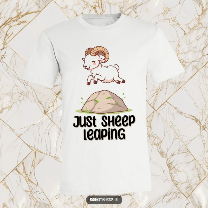 Funny Bighorn Sheep T-Shirt: A happy sheep energetically leaping over a tiny mound, showcasing pure delight and fun.
