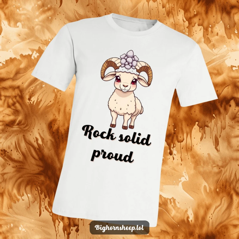 Funny proud bighorn sheep t-shirt, standing tall and strong with a pebble crown, a statement of humor.