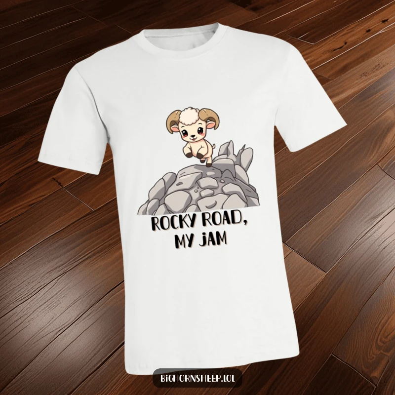 Funny Bighorn Sheep Cub T-Shirt: Adorable baby sheep joyfully bouncing on rocky ground, capturing playful and energetic vibes.