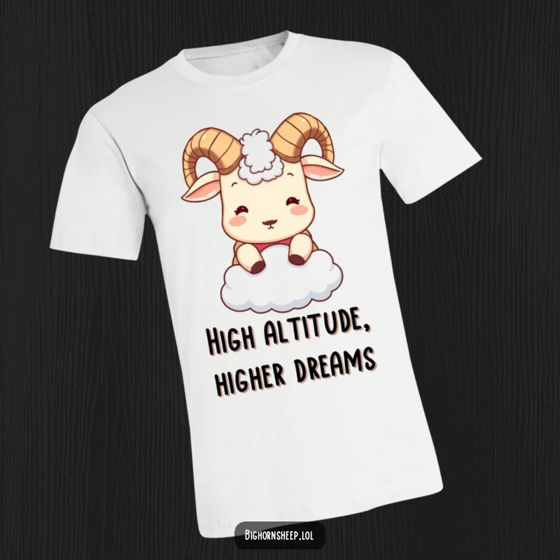 Funny Bighorn Sheep T-Shirt: Adorable sheep with tiny horns playfully headbutting a soft cloud, expressing pure joy and silliness.