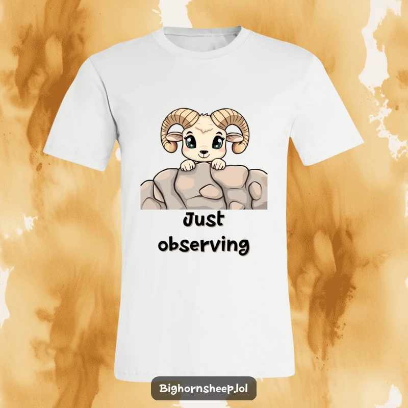 Funny Curious Bighorn Sheep T-Shirt: A sheep with large, curious eyes peeking over a rocky outcrop, showing interest.