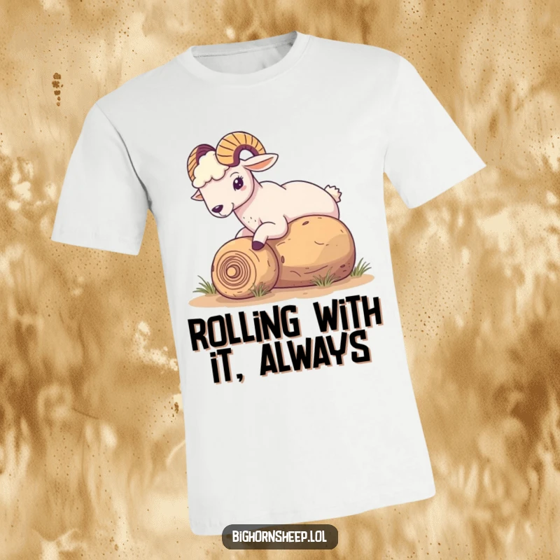 Funny Bighorn Sheep T-Shirt: A sheep playfully nudging a rolling tumbleweed, depicting a humorous and whimsical desert scene.
