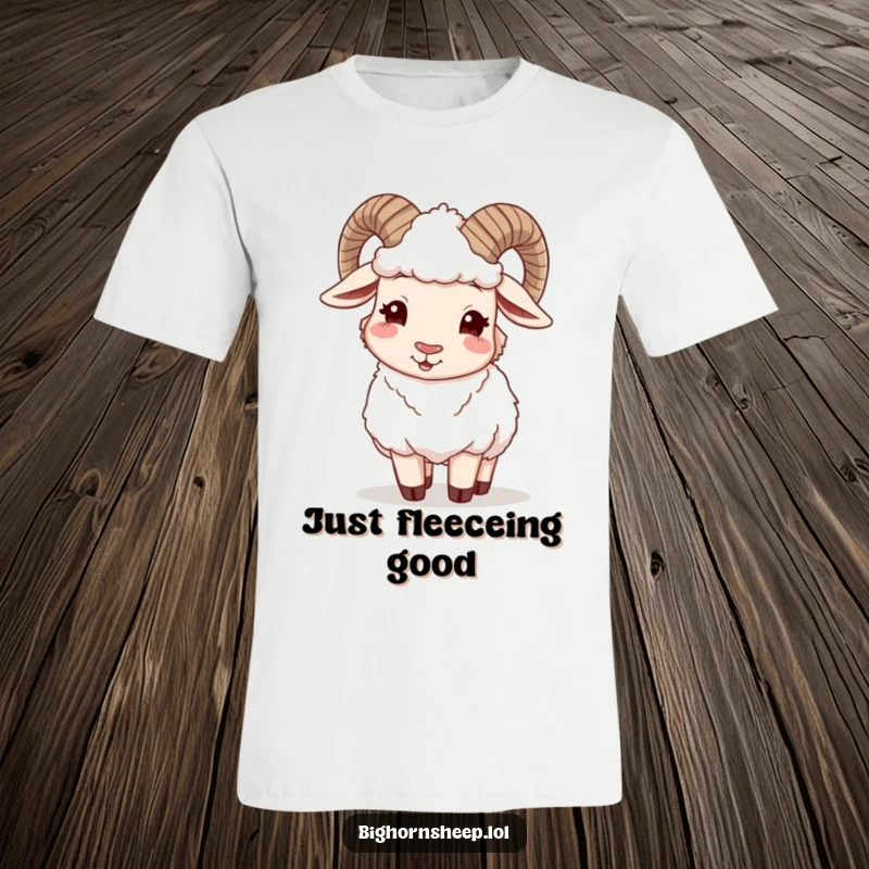 Funny Bighorn Sheep T-Shirt: A happy sheep winking while adjusting its fluffy fleece, radiating cool, cozy, and humorous vibes.