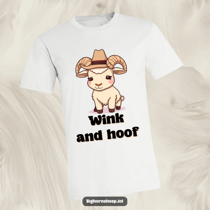 Funny Cowboy Bighorn Sheep T-Shirt: A sheep in a tiny cowboy hat winks playfully, embodying Western charm and humor.