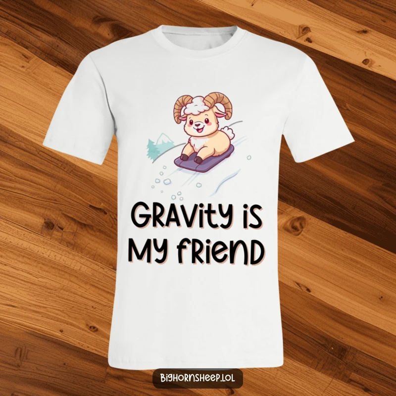 Funny t-shirt with a gleeful bighorn sheep tumbling down a snowy hill, expressing pure, unadulterated, and hilarious wintertime glee.