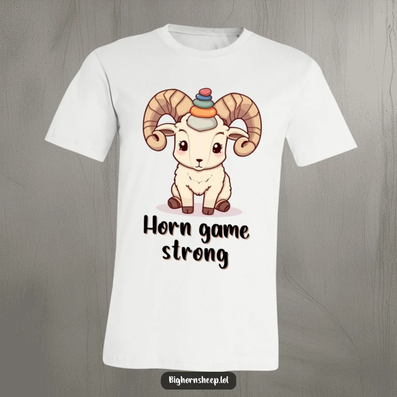Funny bighorn sheep showcasing amazing balance by holding colorful pebbles on its horns, perfect for a funny tee.