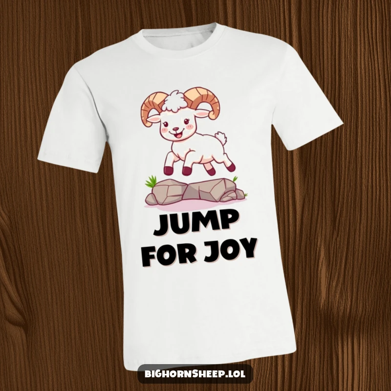 Funny T-shirt depicting a bighorn sheep with a look of pure joy, soaring over a small gap with athletic grace.