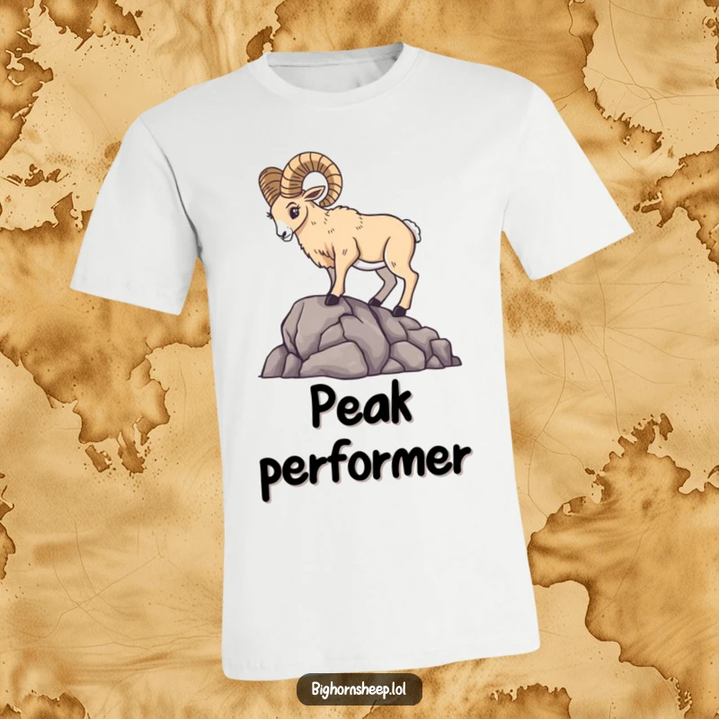 A bighorn sheep striking a dramatic and powerful pose atop a rocky outcrop, printed on a t-shirt.
