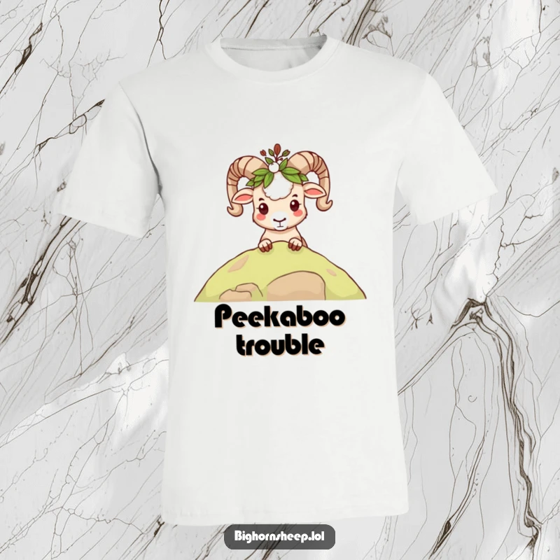 Funny mischievous bighorn sheep t-shirt, peeking playfully over a ridge with a leafy crown, embodying cheeky fun.